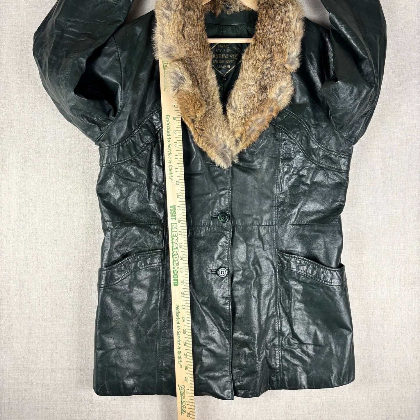 Vintage Martini Nappa Leather Fur Trim Dark Green Coat Sz 22