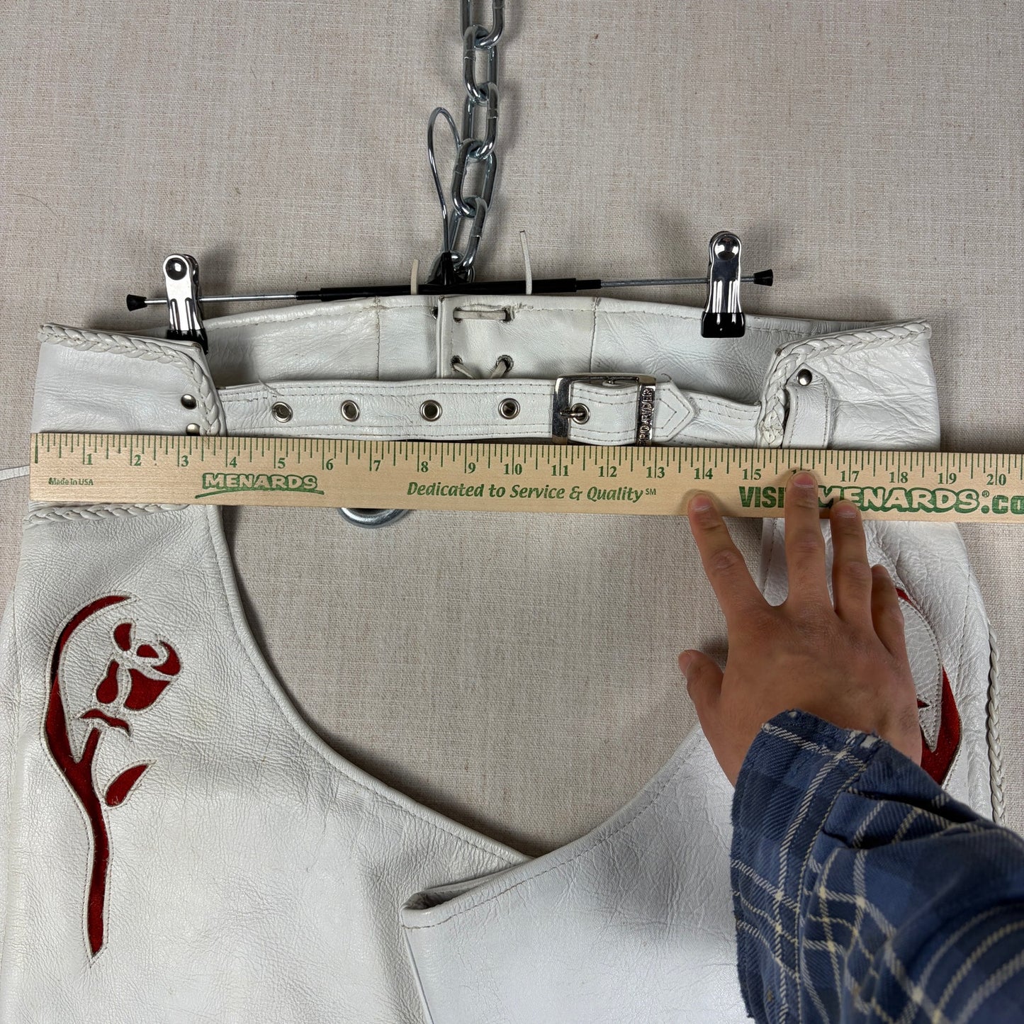 Pro Rider Premium Leather RARE Chaps + Vest Fringe Suede Rose Sz M/L White Set