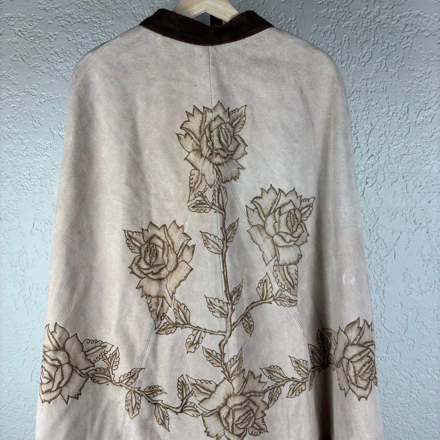 Vintage Suede Leather Rose Art Pyrography Poncho Cape With Fringe Med-Lrg
