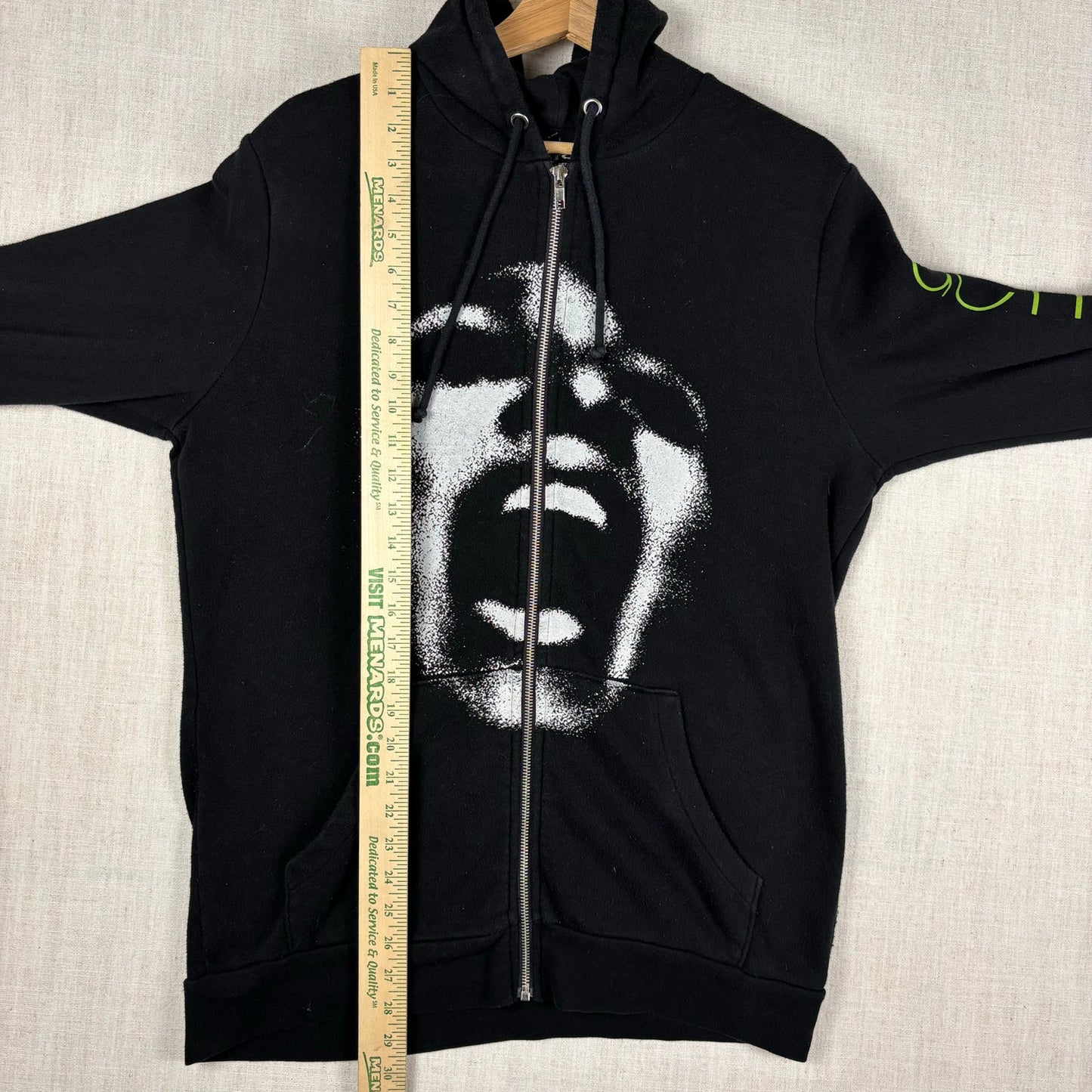 Deftones Band Black Full Zip Up Hoodie Scream Face Logo Green Sleeve Print Medium