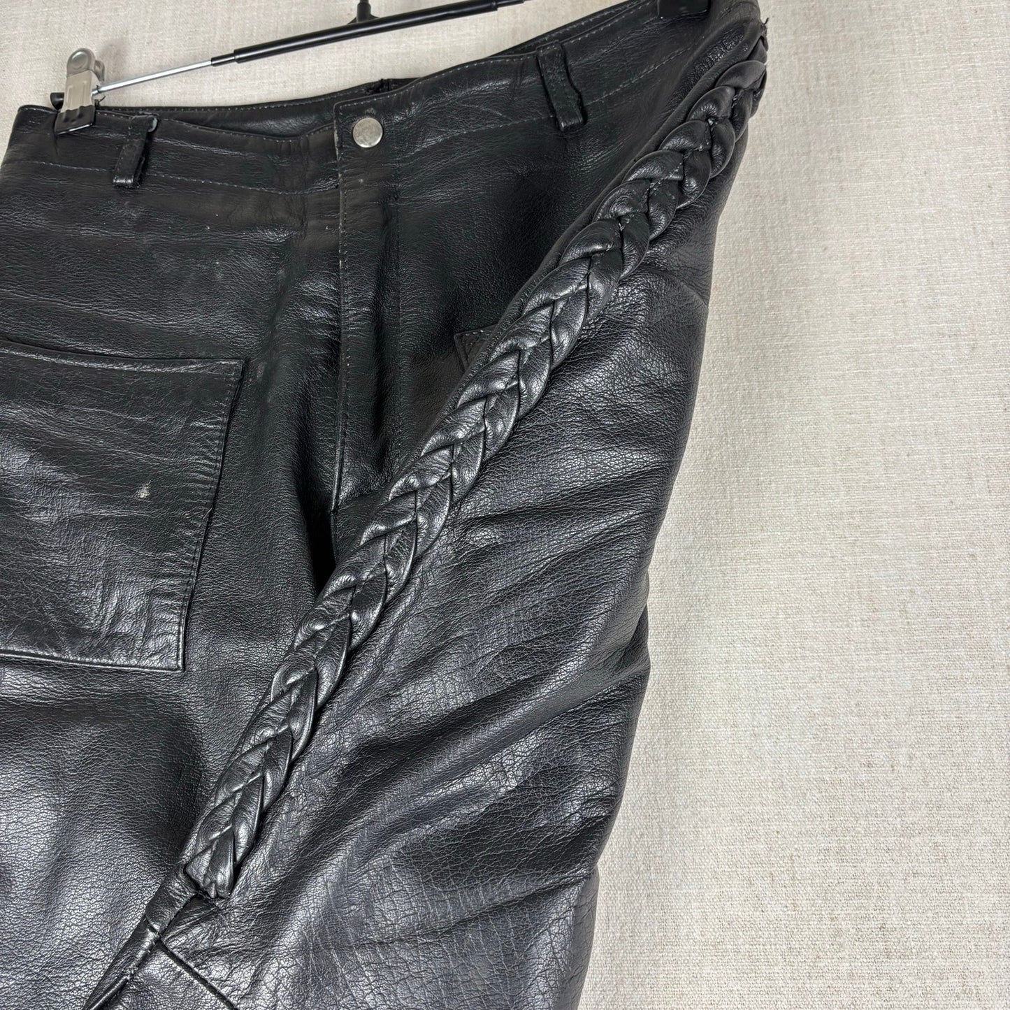 Trucker Leather Pants Vintage Braided Snap Button Detail Biker Sz 32