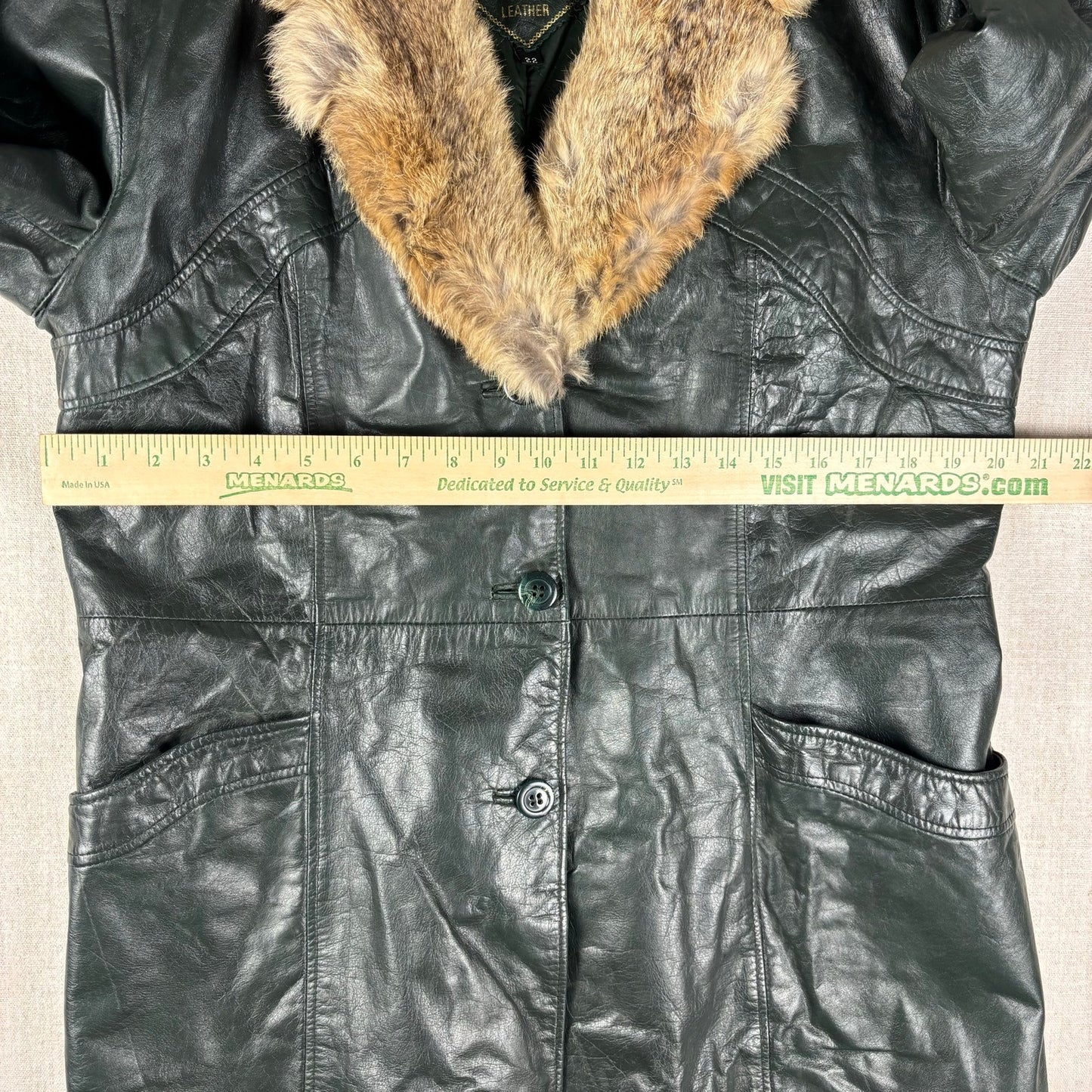 Vintage Martini Nappa Leather Fur Trim Dark Green Coat Sz 22