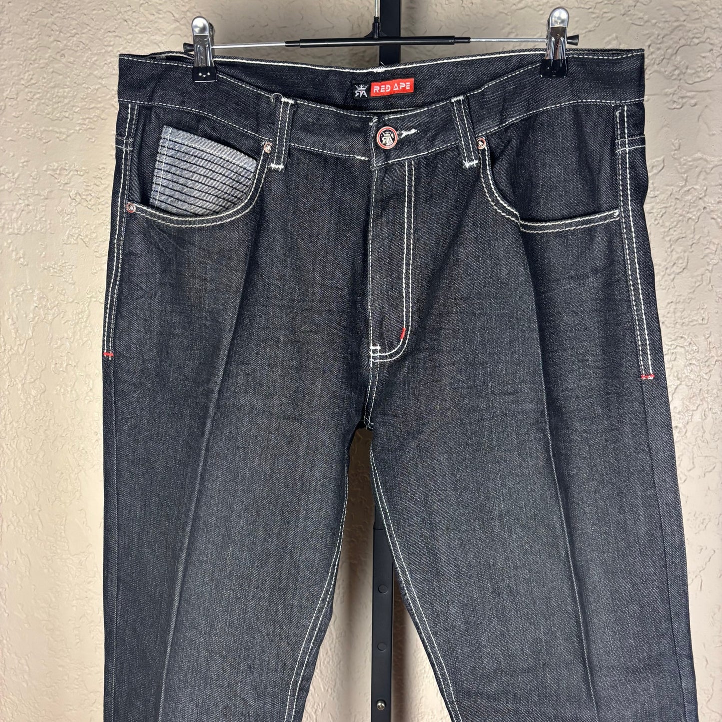 Y2K Red Ape Dark Wash Baggy Skater Sz 38 Embroidered Jeans Denim
