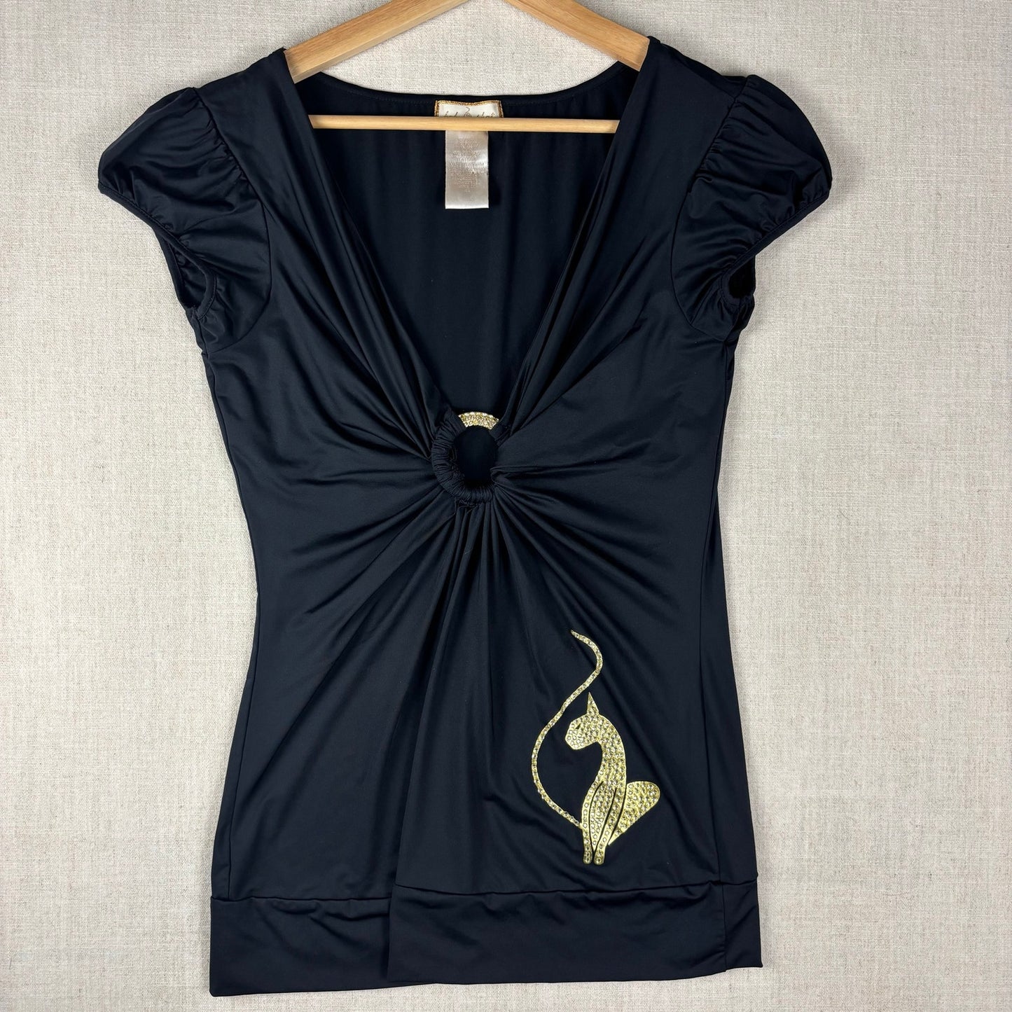 Baby Phat Y2K Rhinestone Gold Keyhole Ring Detail Stretch Blouse XL