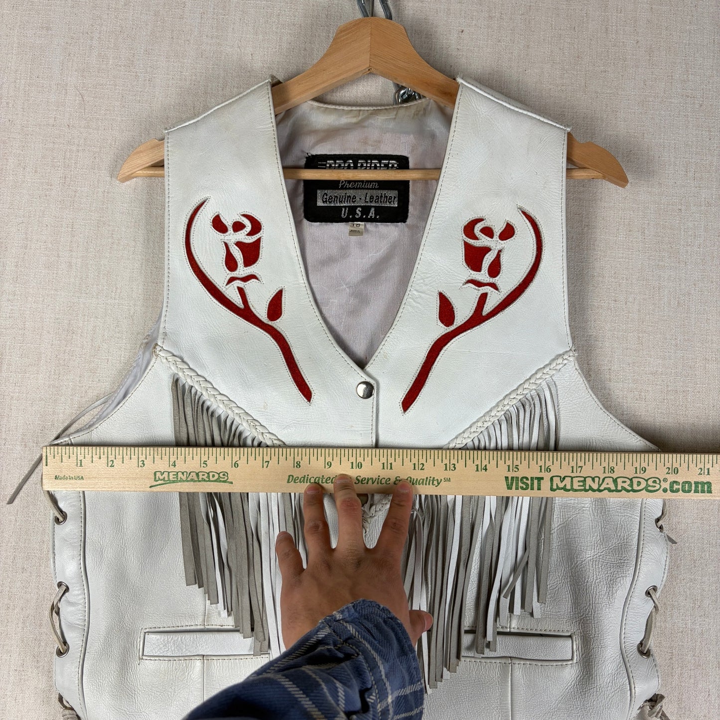 Pro Rider Premium Leather RARE Chaps + Vest Fringe Suede Rose Sz M/L White Set