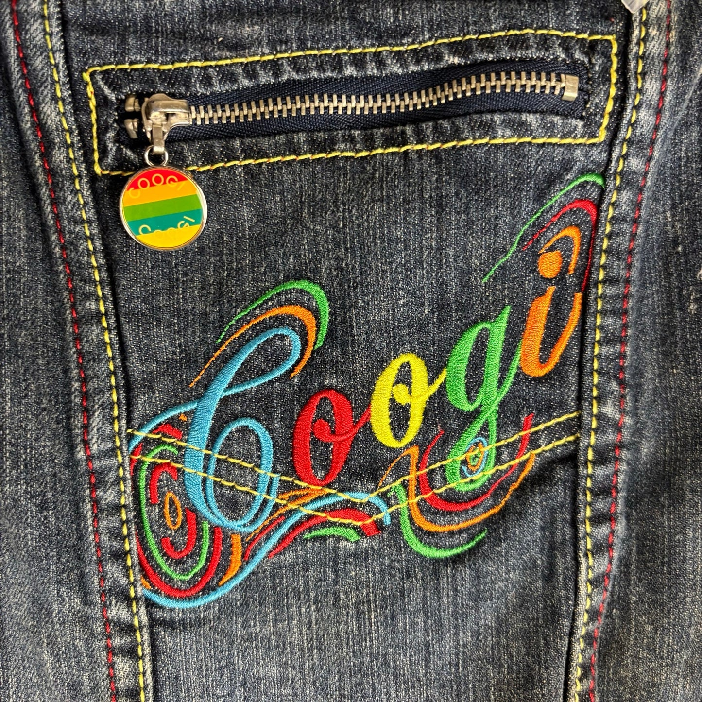 Coogi Jeans Y2K Womens Denim Overall Shorts Embroidered Sz Large