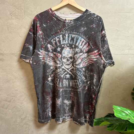 Affliction Y2K American Customs AOP Skull Tie Dye Large Shirt