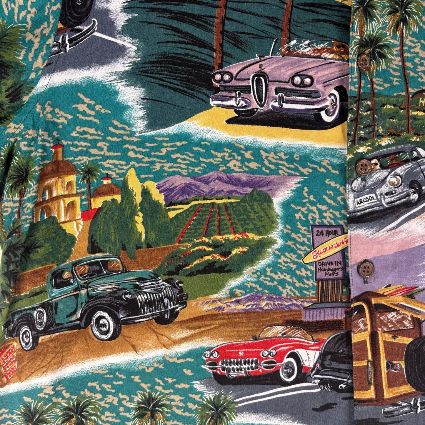 Vintage Reyn Spooner Rayon Antique Car Design Hawaiian Small Shirt