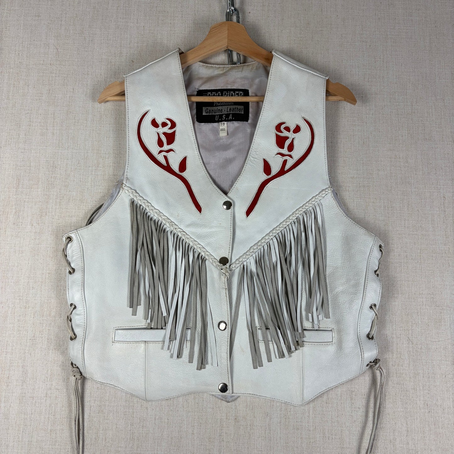 Pro Rider Premium Leather RARE Chaps + Vest Fringe Suede Rose Sz M/L White Set