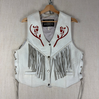 Pro Rider Premium Leather RARE Chaps + Vest Fringe Suede Rose Sz M/L White Set