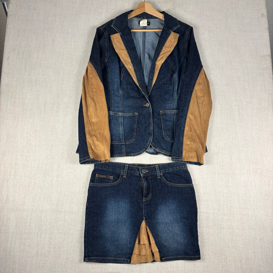 Baby Phat Y2K Denim Suede 2pc Skirt Jacket Matching Set Sz XL