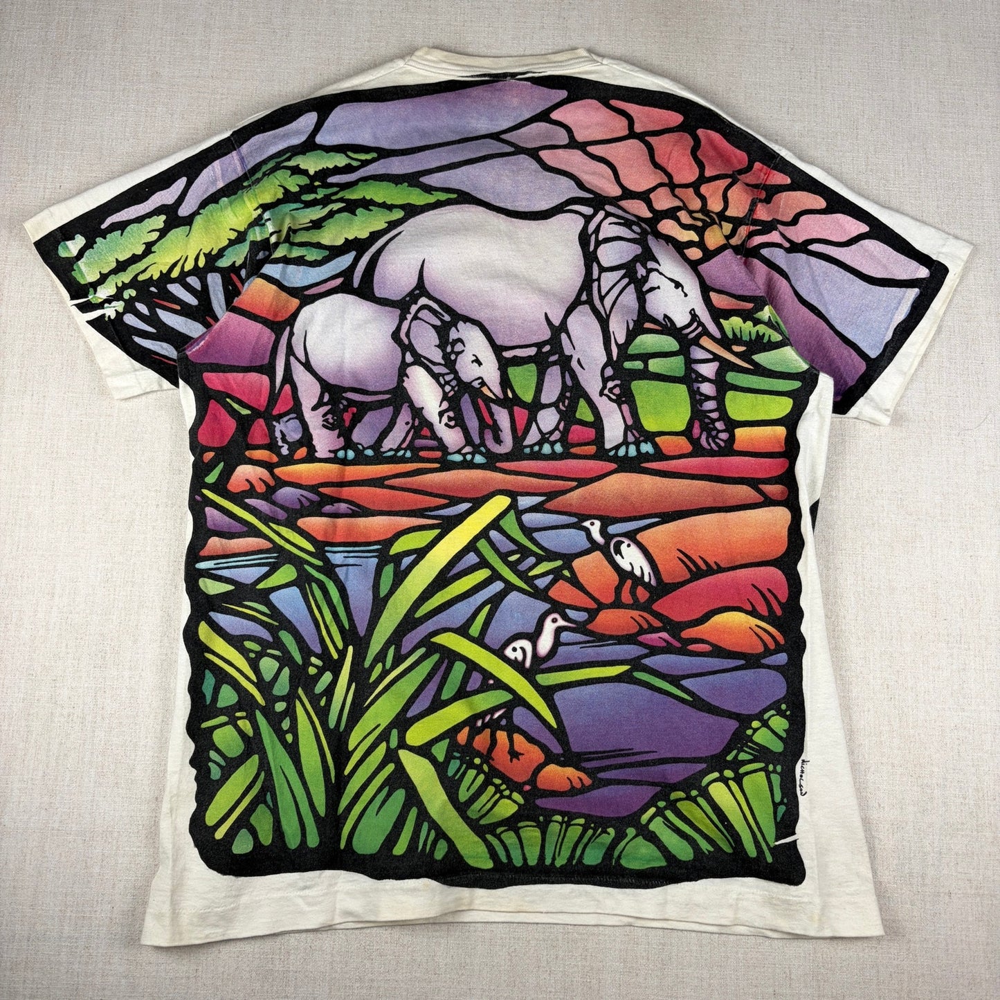 Vintage Liquid Blue Elephant Stained Glass 1993 Mosaic Art Tee XL Shirt
