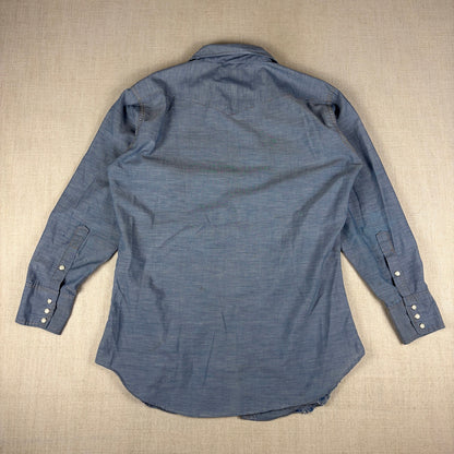 Vintage Wrangler Sanforized Pearl Snap XLong Tail Sz 15-33 Western Chambray