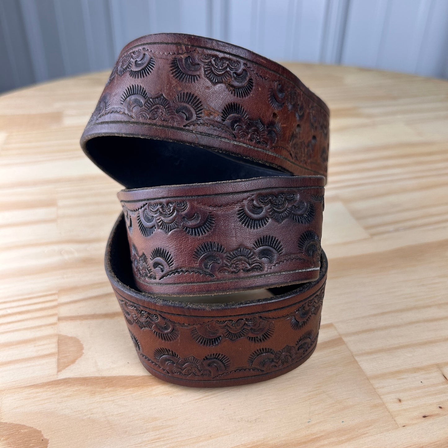 Chevrolet Corvette 1970s Boho Western Stamped Embossed 42" Brown Leather Belt
