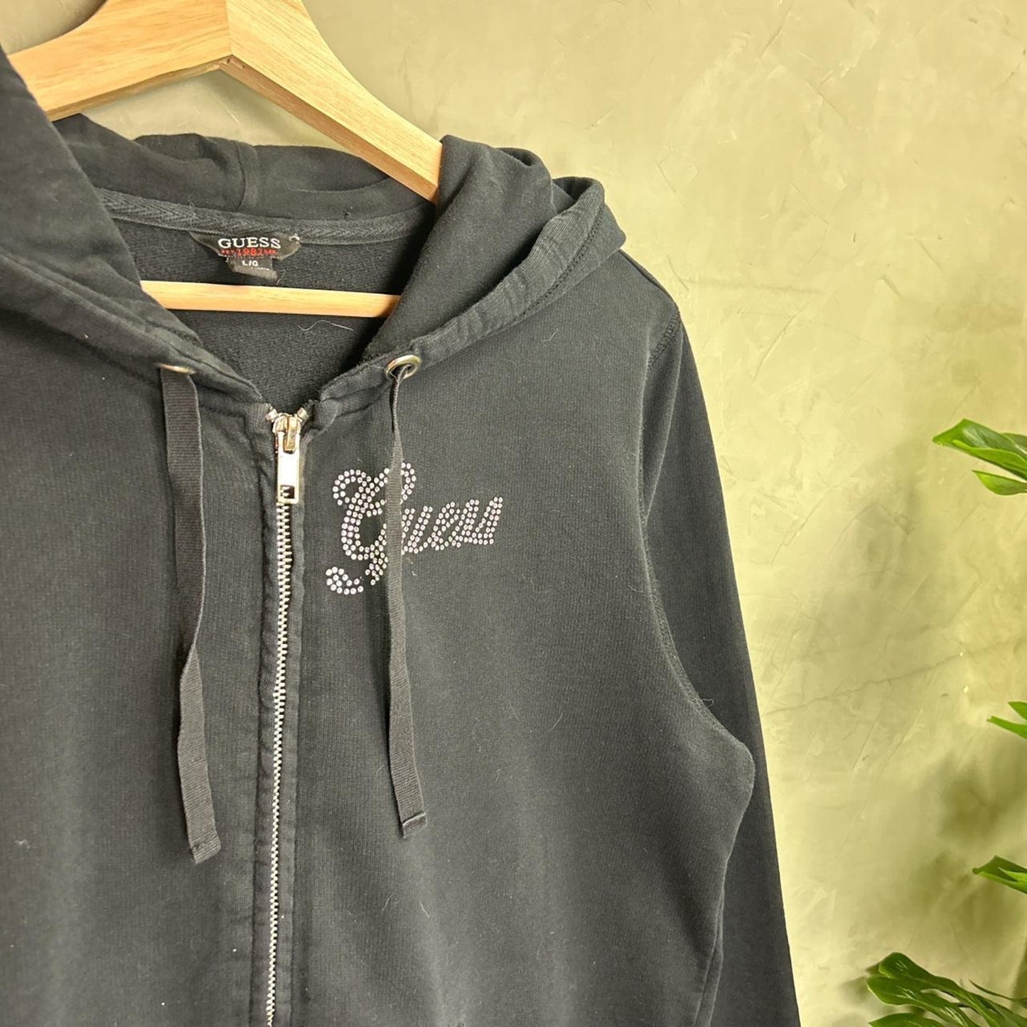 Large Y2K Guess Jeans Rhinestone Bedazzled Zip Up Sweater