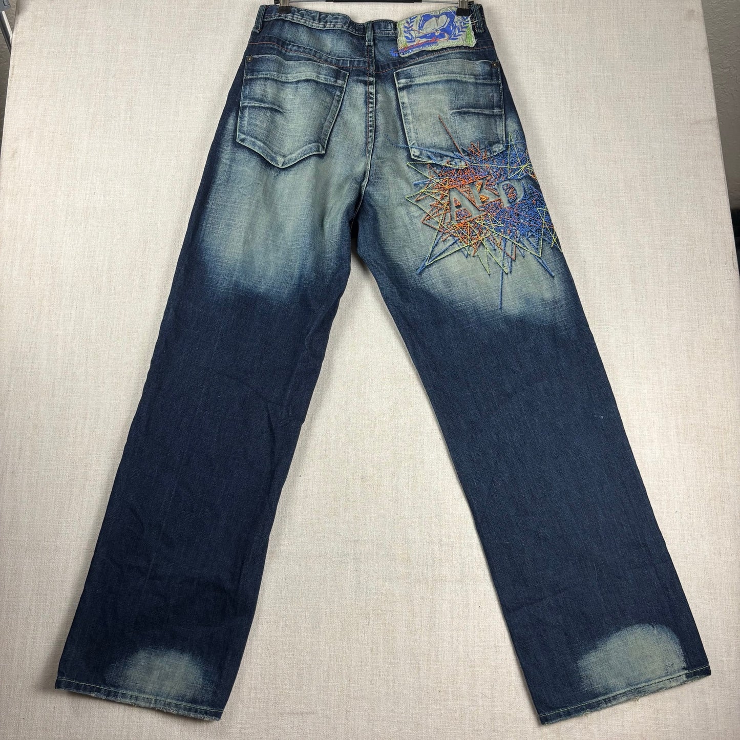 Y2K Akademiks Crazy Embroidered Patchwork Sz 34 Two Tone Baggy Jeans