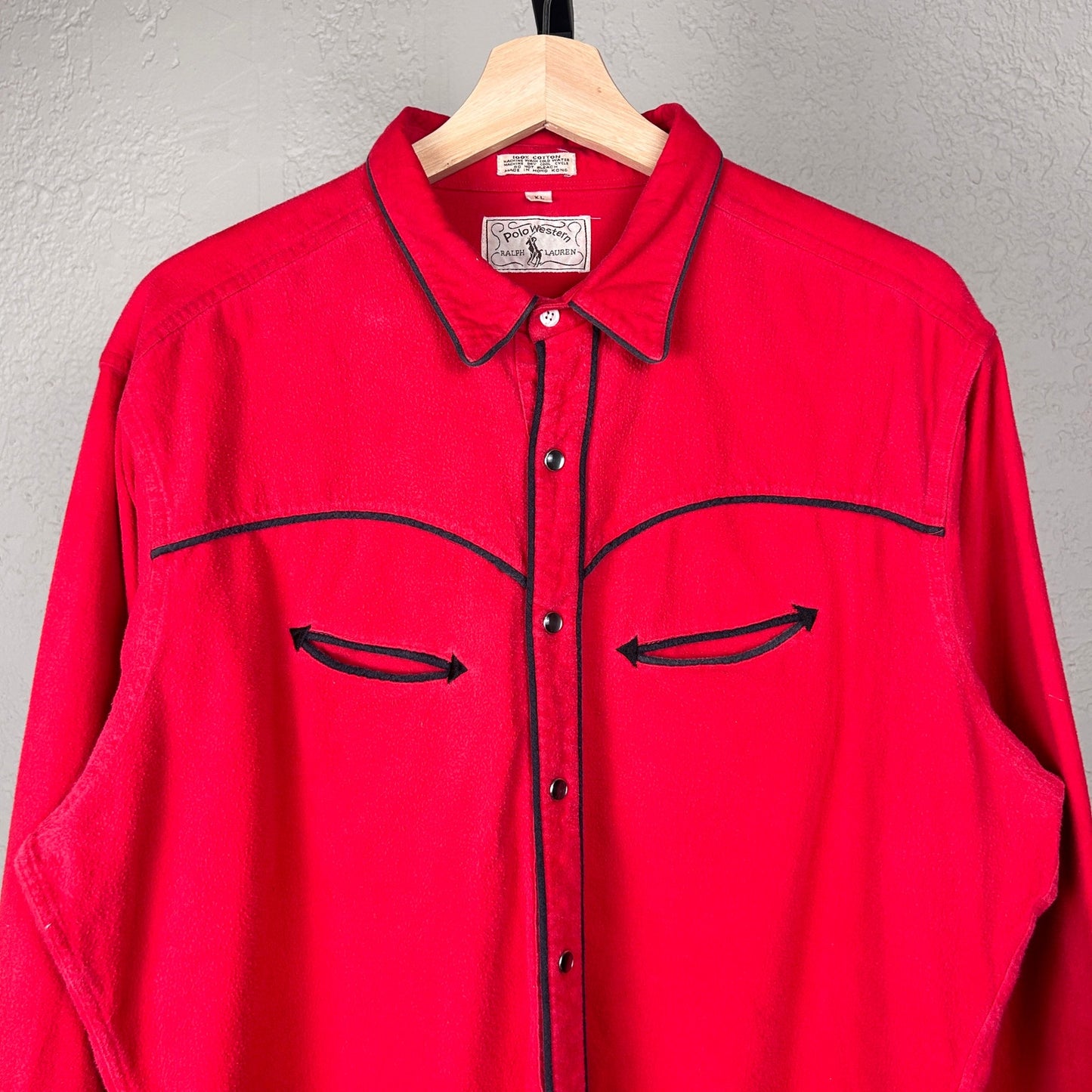 Polo Western Ralph Lauren 1980s Cowboy Pearl Snap Red Cotton XL Button Up Shirt
