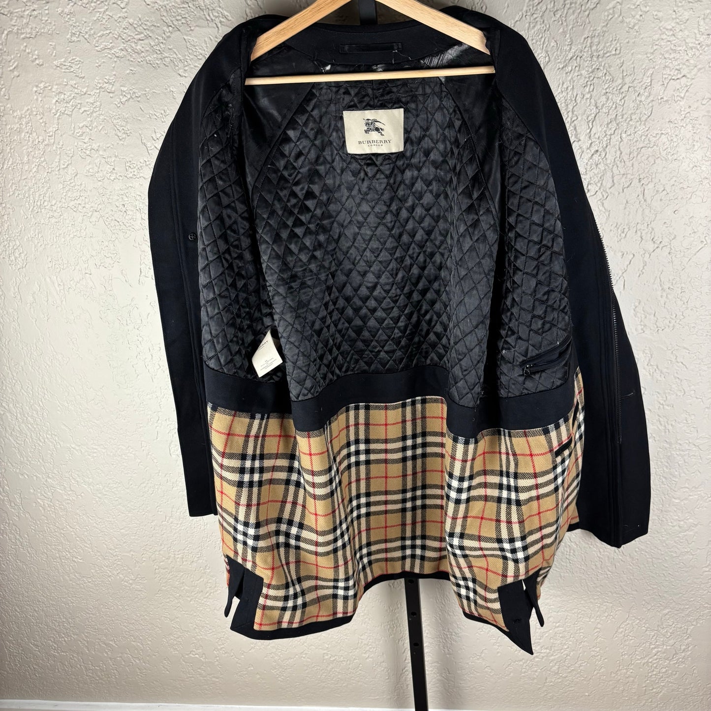 Burberry London Black Cashmere Nova Check Wool Quilted Coat XL