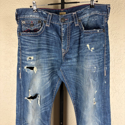 True Religion Ricky Relaxed Straight Sz 38 Dark Wash Distressed Jeans