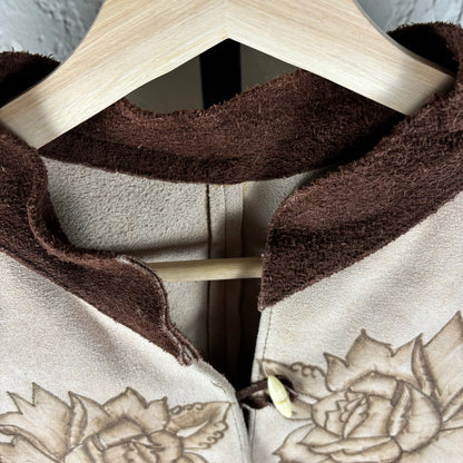 Vintage Suede Leather Rose Art Pyrography Poncho Cape With Fringe Med-Lrg