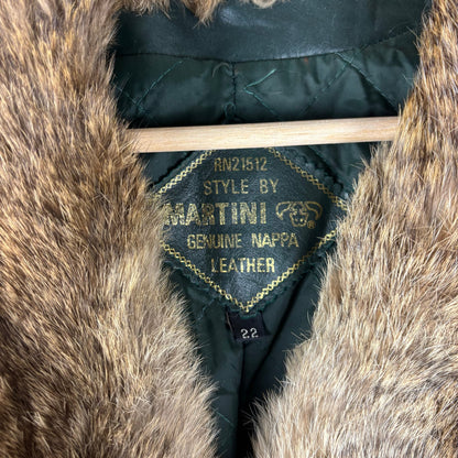 Vintage Martini Nappa Leather Fur Trim Dark Green Coat Sz 22