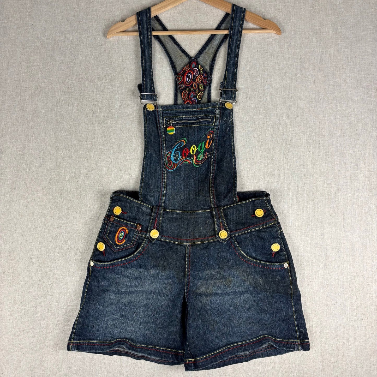 Coogi Jeans Y2K Womens Denim Overall Shorts Embroidered Sz Large