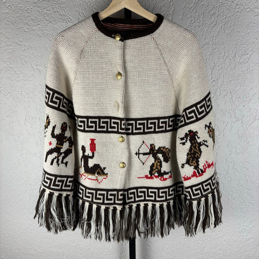 Sturbridge 1970s Greek Key Zodiac Fringe Acrylic Small Cardigan Sweater