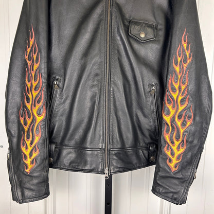 Harley Davidson Embroidered Flame Sleeves Ride Free Large Leather Jacket