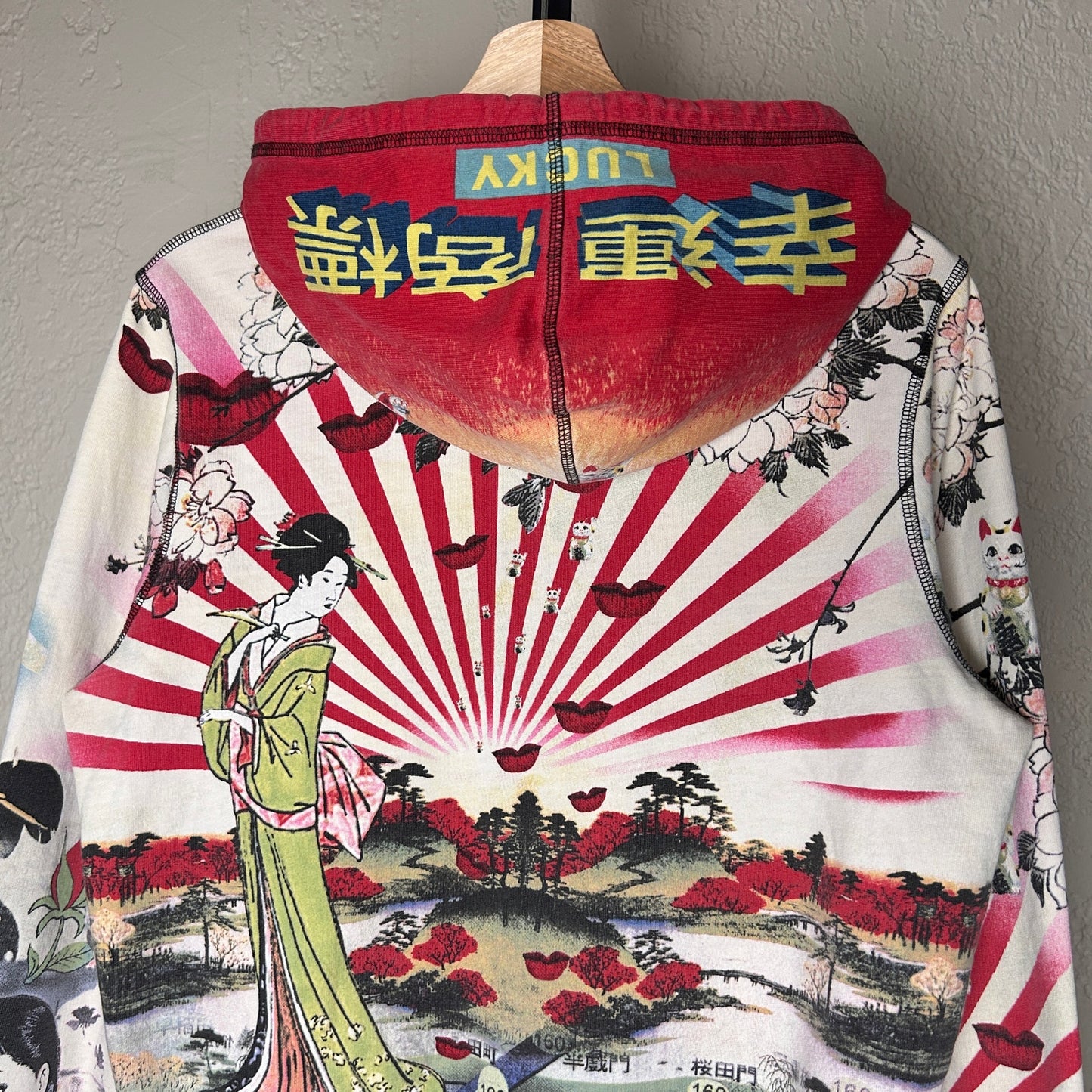 Vintage Japanese Art Lucky Brand Rare AOP Large Zip Up Y2K Hoodie