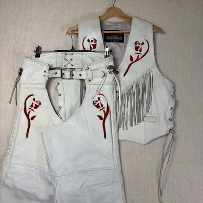 Pro Rider Premium Leather RARE Chaps + Vest Fringe Suede Rose Sz M/L White Set