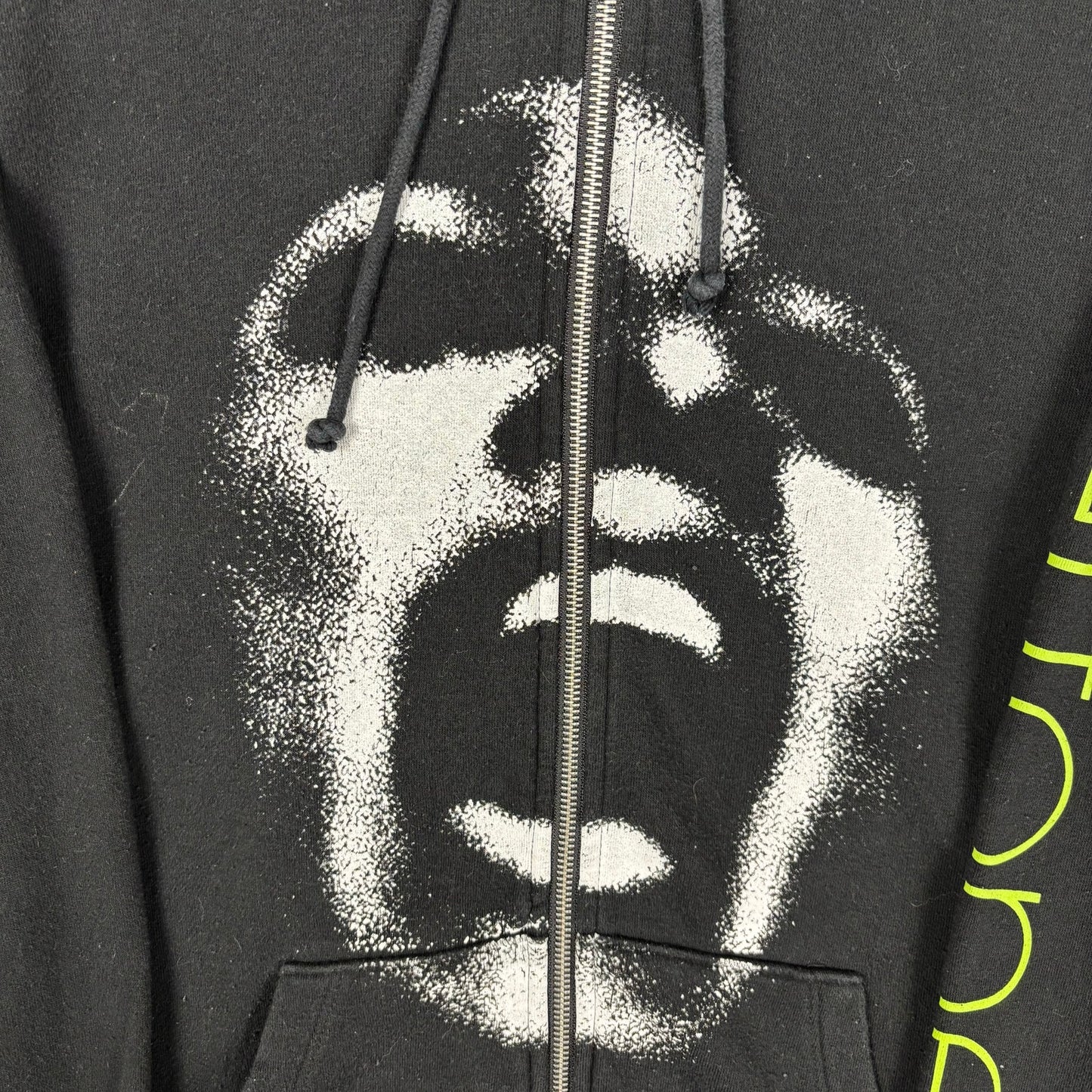 Deftones Band Black Full Zip Up Hoodie Scream Face Logo Green Sleeve Print Medium