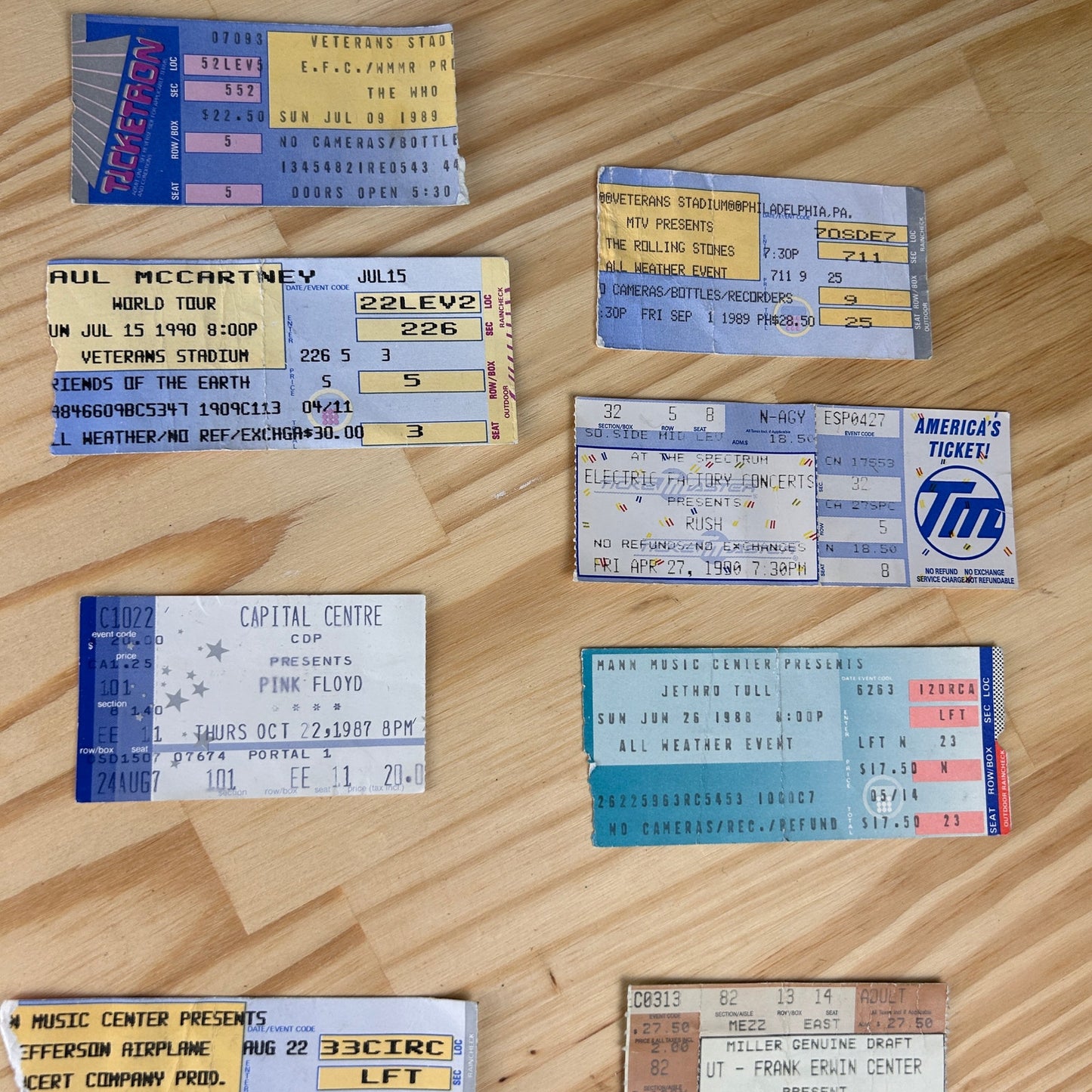 Concert Stubs LOT of 13 1980s 90s Rock Band Used, Pink Floyd