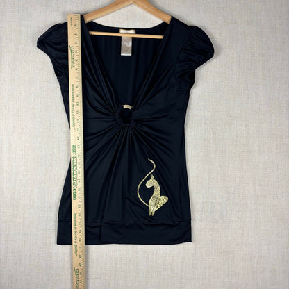 Baby Phat Y2K Rhinestone Gold Keyhole Ring Detail Stretch Blouse XL