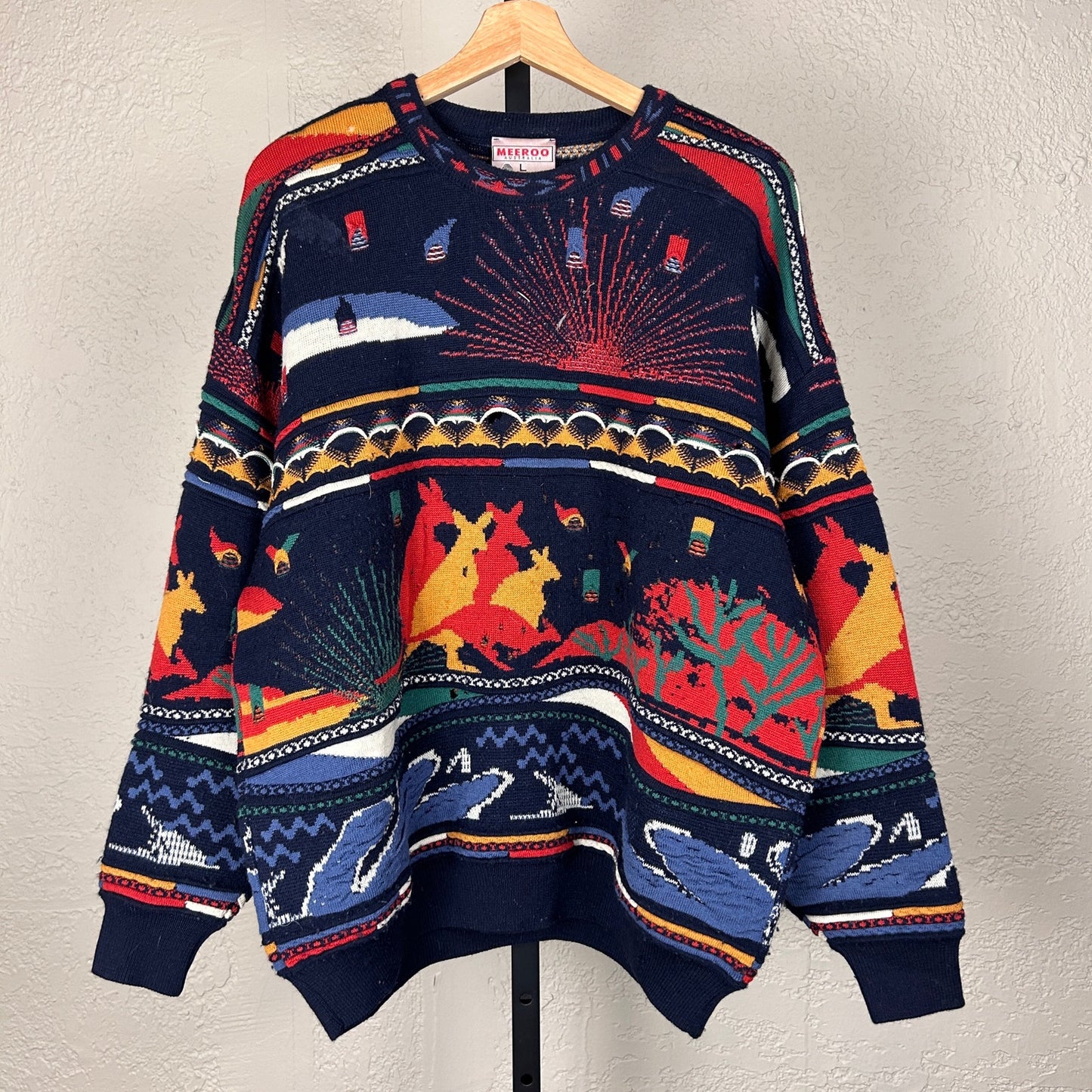 Meeroo Coogi Style Vintage 3D Cable Knit Crazy Large Kangaroo Sweater