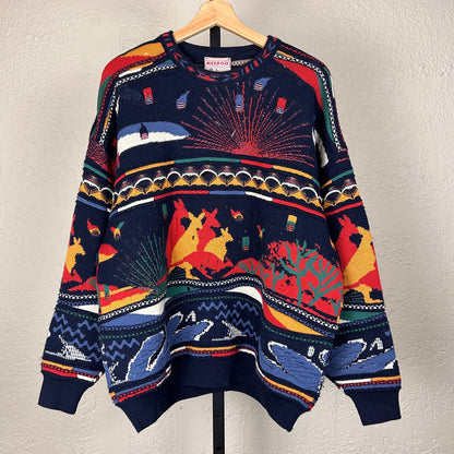 Meeroo Coogi Style Vintage 3D Cable Knit Crazy Large Kangaroo Sweater