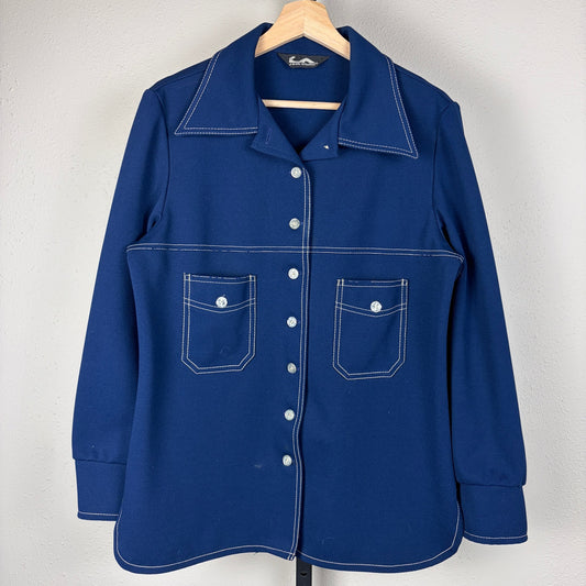 Vintage Disco 1970s Jack Winter Contrast Stitching Sz 18 Double Knit Button Up