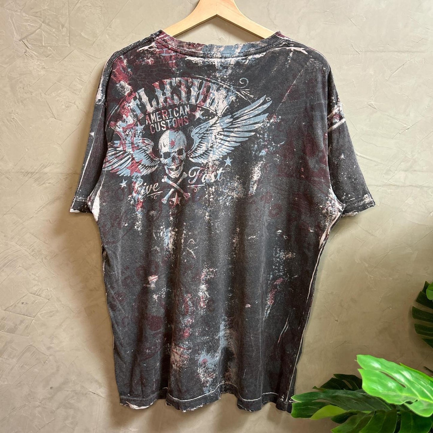 Affliction Y2K American Customs AOP Skull Tie Dye Large Shirt