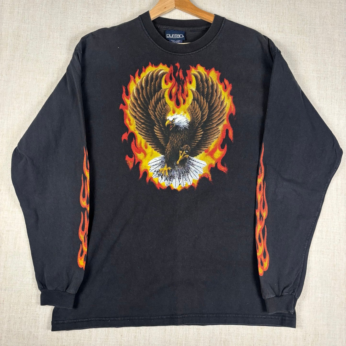 Y2K Flaming Eagle Harley Davidson Style Flame Sleeve Large Biker Tee