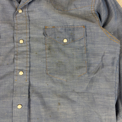 Vintage Wrangler Sanforized Pearl Snap XLong Tail Sz 15-33 Western Chambray