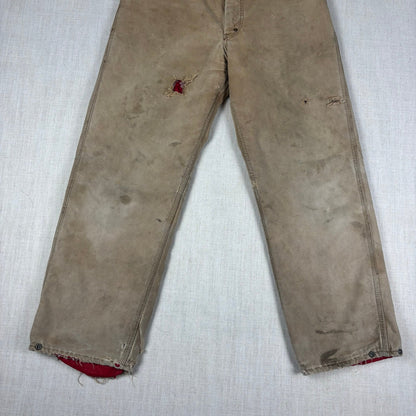 Vintage Carhartt Pants 1970s Distressed Tan Duck Canvas Quilted Lined Sz 32