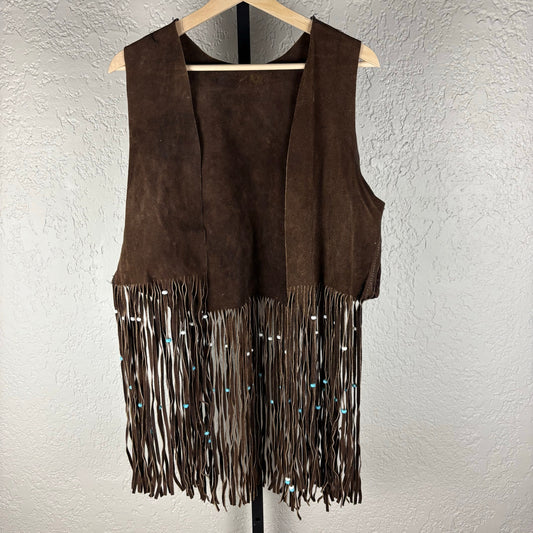 Vintage Handmade Suede Leather Corduroy Fringe Boho Hippie Small Vest