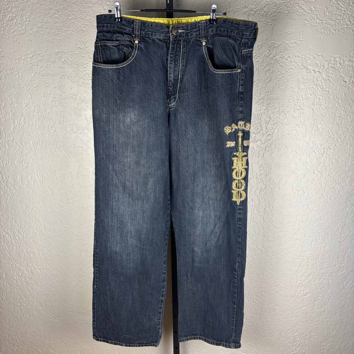 Ed Hardy Style Satin in the Hood Y2K Brand Baggy Embroidered Sz 40 Jeans