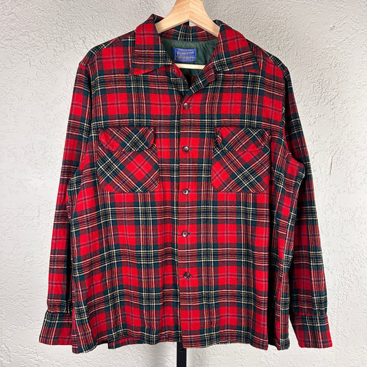 Pendleton 1960s Board Plaid Wool Loop Collar USA Made Large Flannel