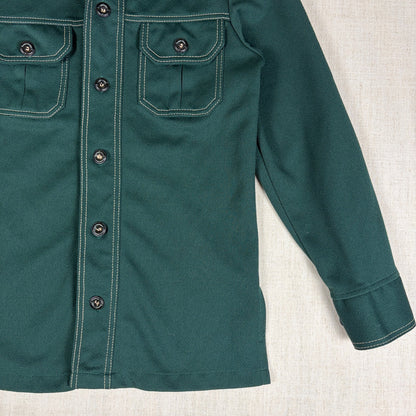 Vintage Sears Kings Road 1970s Disco Forest Green Small Button Up Shirt