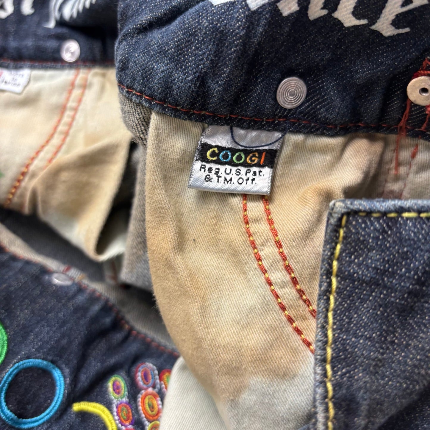 Coogi Jeans Y2K Womens Denim Overall Shorts Embroidered Sz Large