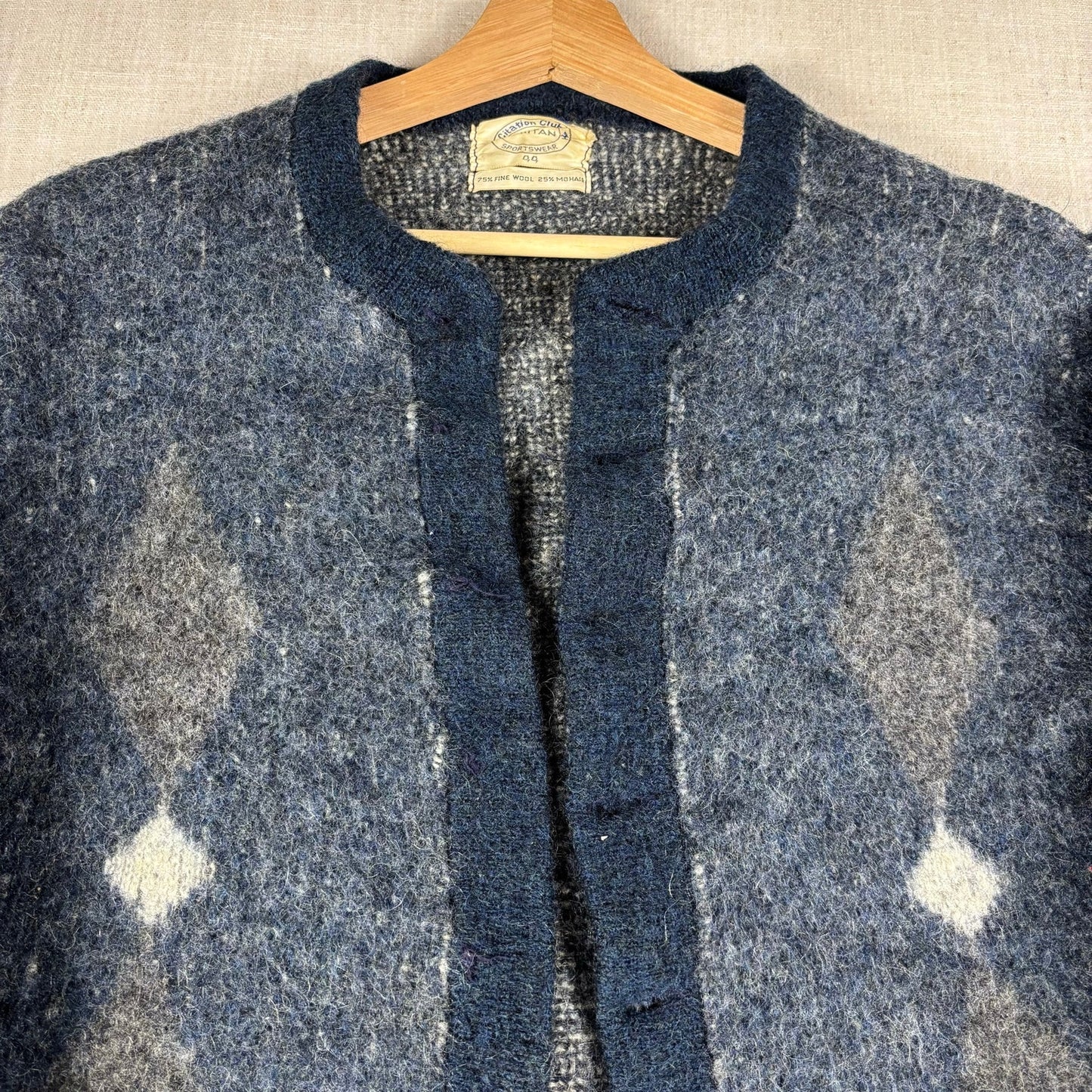 Vintage Mohair Wool 1960s Argyle Diamond Puritan Cardigan Size 44