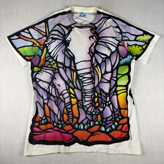 Vintage Liquid Blue Elephant Stained Glass 1993 Mosaic Art Tee XL Shirt