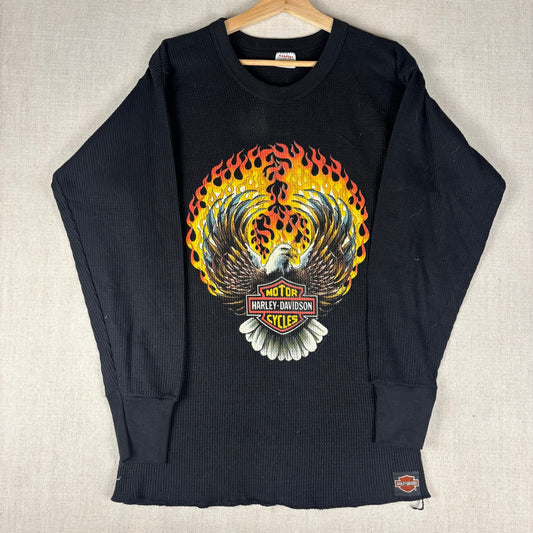 Vintage Harley Davidson Eagle Flame Sleeve 1990 Thermal XXL
