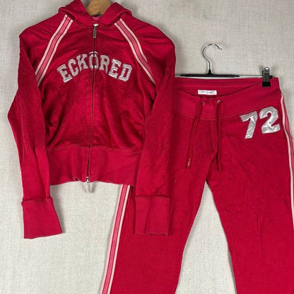 Y2K Velour Hot Pink Low Rise Track Suit 2Pc Set Ecko Red #72 Varsity Style M/L