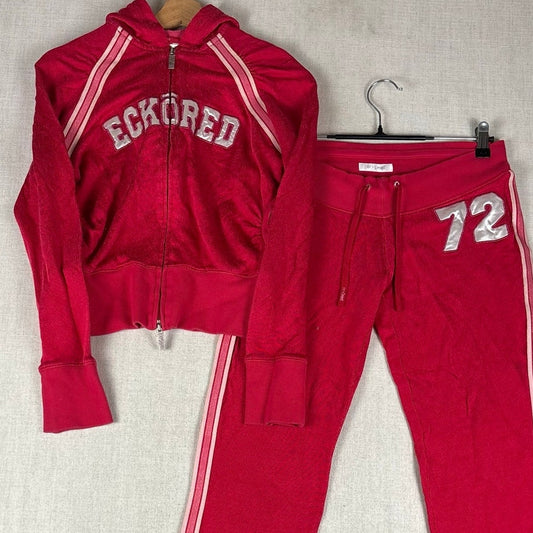 Y2K Velour Hot Pink Low Rise Track Suit 2Pc Set Ecko Red #72 Varsity Style M/L